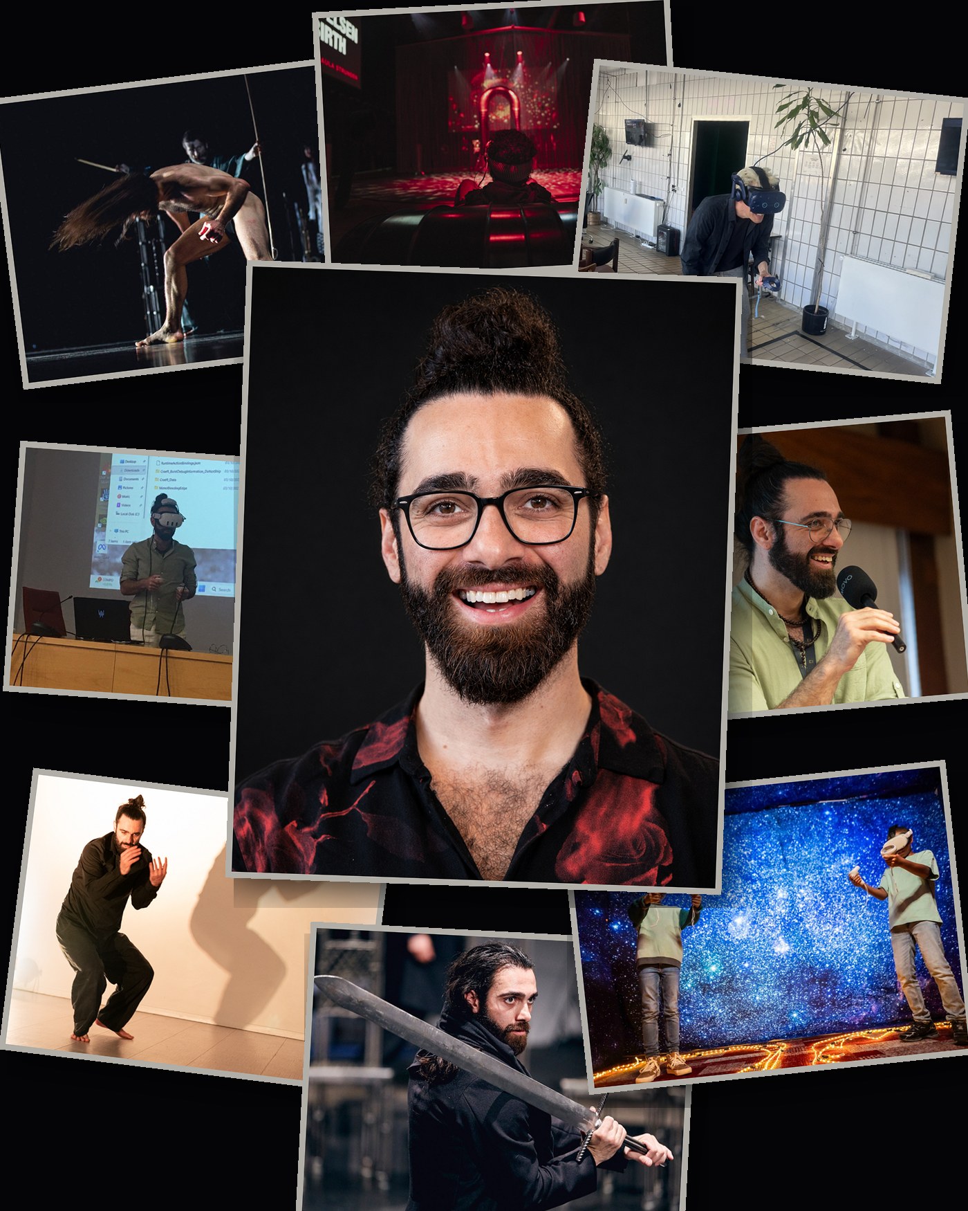 Peiman Fallahian Sichani, surrounded by stills from his performance and XR work